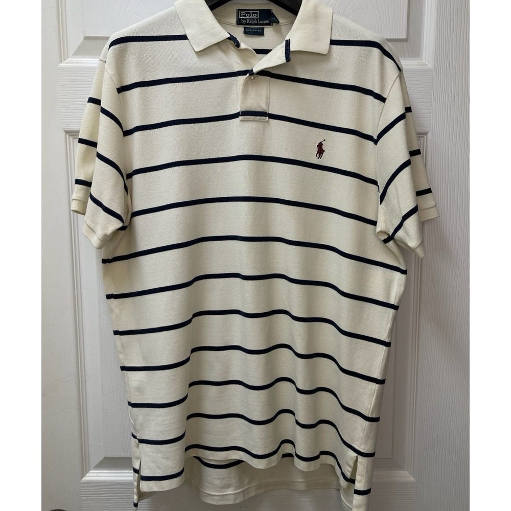 Polo by Ralph Lauren Men's X-Large White & Blue Striped Custom Fit Cotton Polo‎